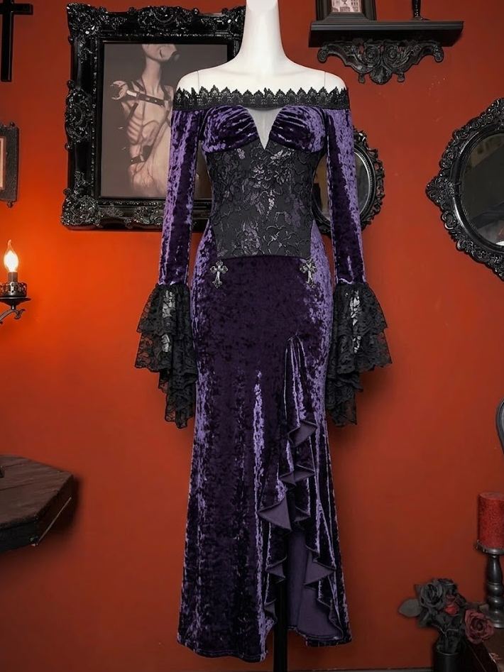 Gothic Dark Red Niche Lace Slim Velvet Mermaid Dress