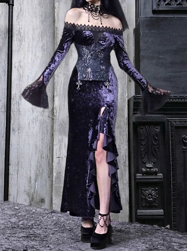 Gothic Dark Red Niche Lace Slim Velvet Mermaid Dress