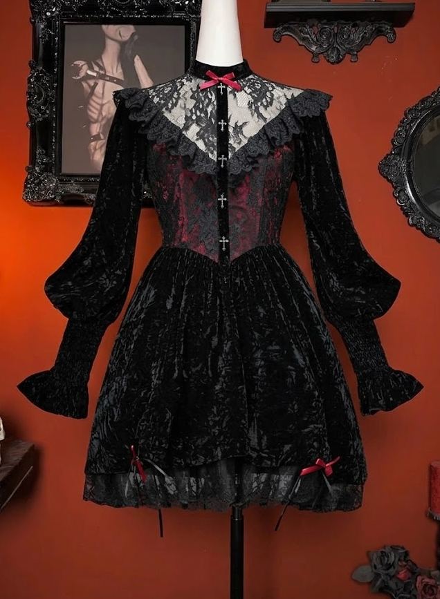 Rose Cemetery Gothic Dark Red Drawstring Design Velvet Puff Sleeve Lace Dress