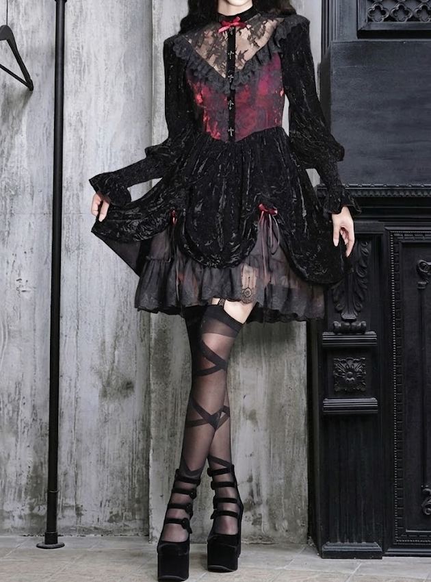 Rose Cemetery Gothic Dark Red Drawstring Design Velvet Puff Sleeve Lace Dress