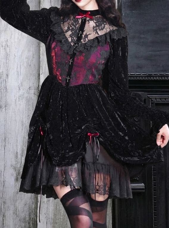 Rose Cemetery Gothic Dark Red Drawstring Design Velvet Puff Sleeve Lace Dress
