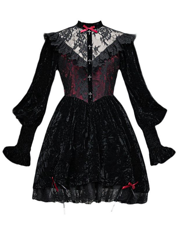 Rose Cemetery Gothic Dark Red Drawstring Design Velvet Puff Sleeve Lace Dress