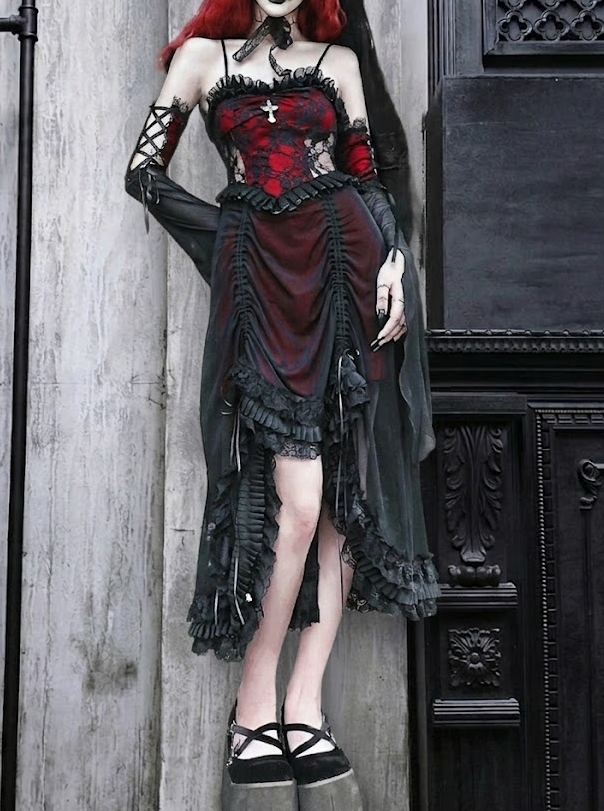 Gothic black and red drawstring gothic dark lace camisole dress