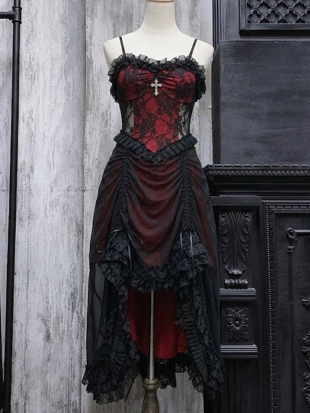 Gothic black and red drawstring gothic dark lace camisole dress