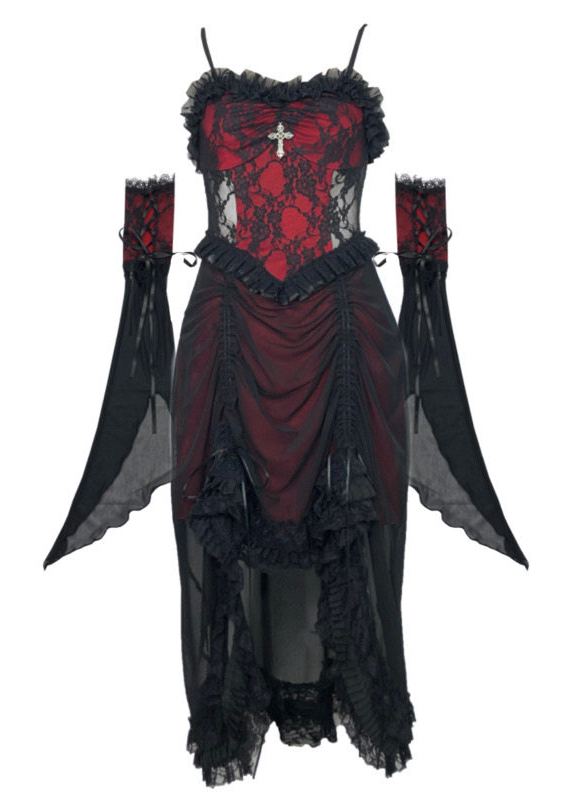 Gothic black and red drawstring gothic dark lace camisole dress