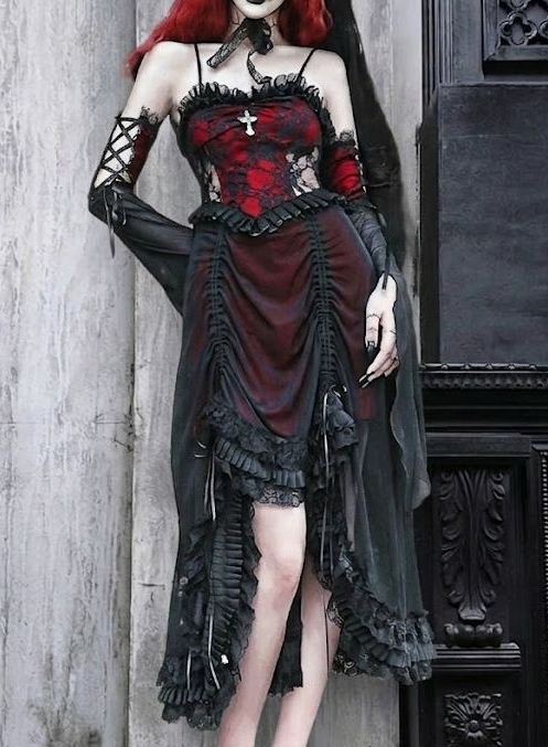 Gothic black and red drawstring gothic dark lace camisole dress