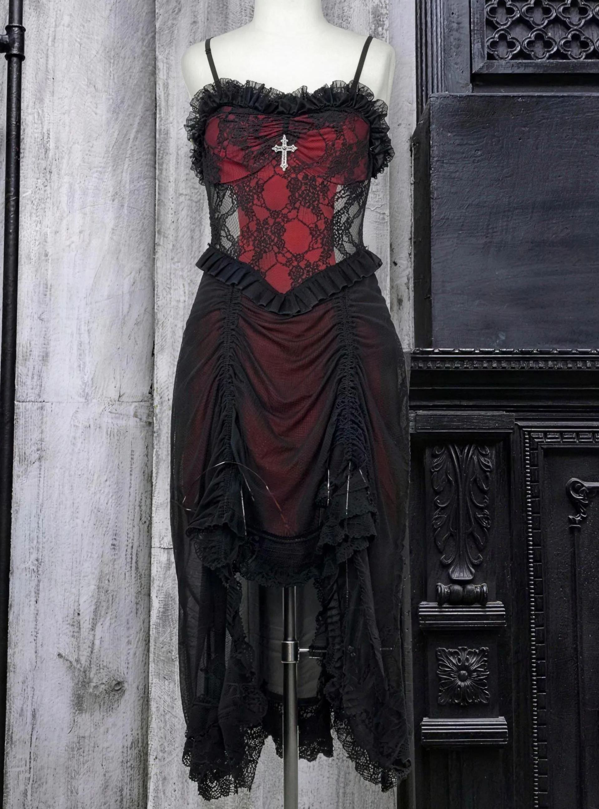 Gothic black and red drawstring gothic dark lace camisole dress
