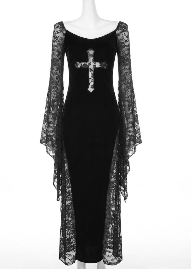Velvet lace spliced long dress with subculture cross cut-out bodycon dress
