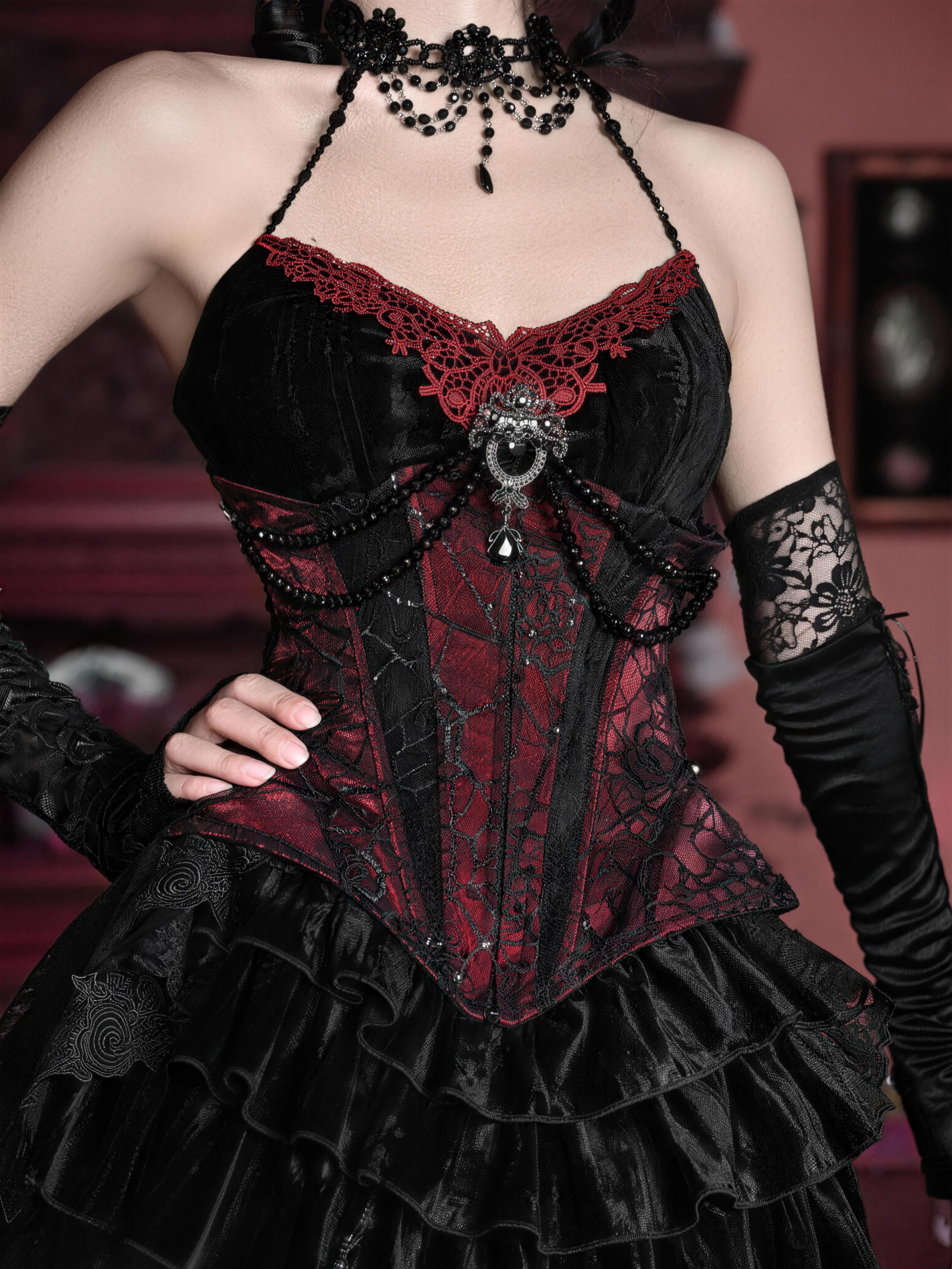Gothic Rococo Velvet Herringbone Corset Slip Dress