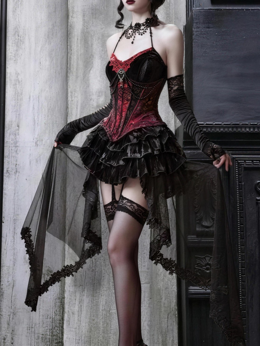 Gothic Rococo Velvet Herringbone Corset Slip Dress