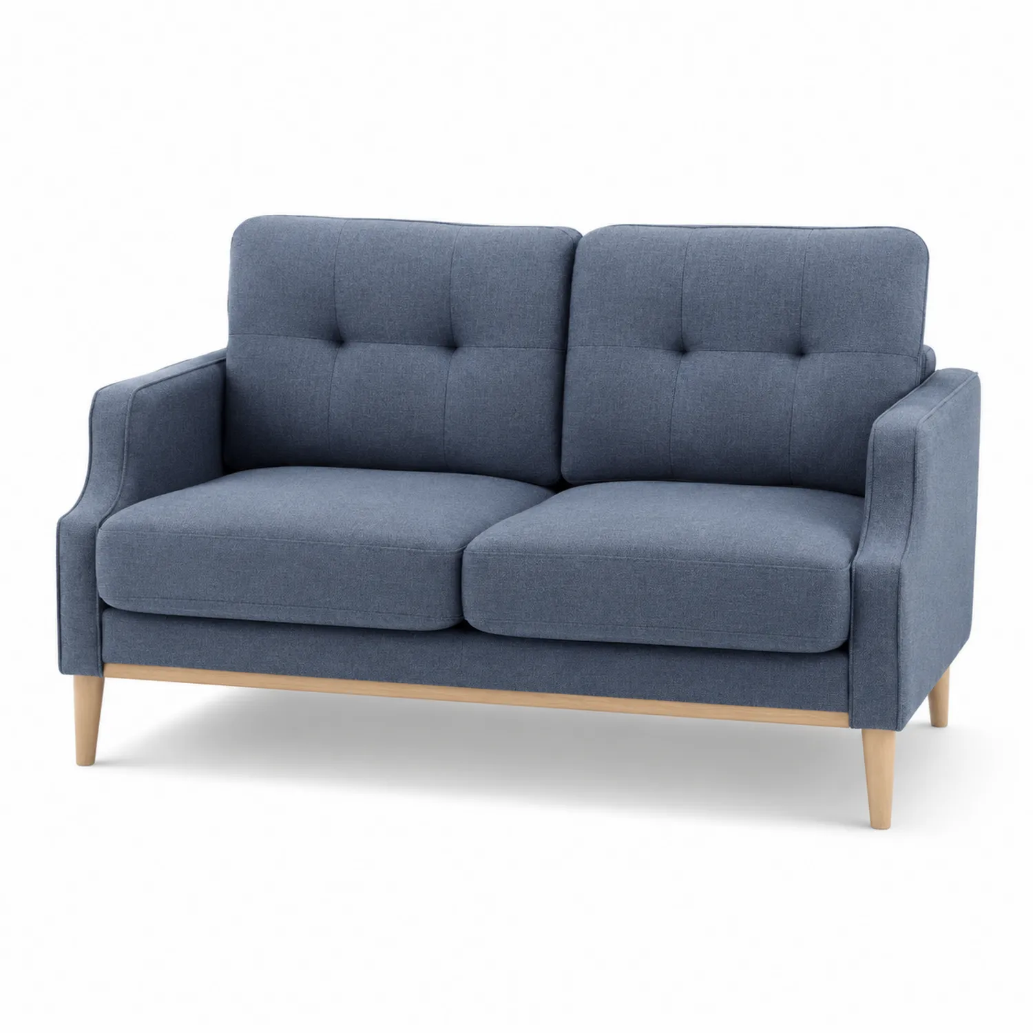 Dwuosobowa sofa z niebieskiej tkaniny z bukowymi nogami