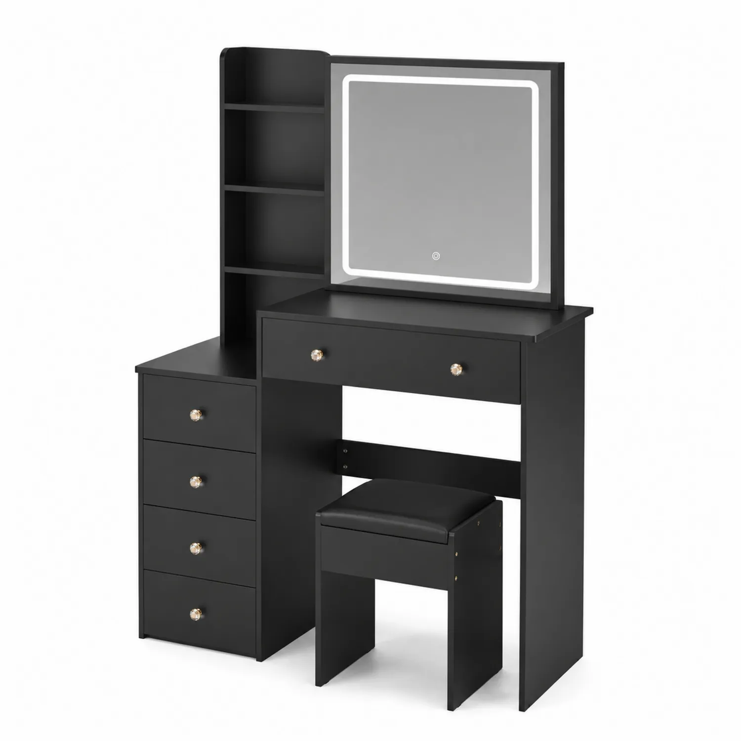 Czarna toaletka MDF z lustrem LED, stołek i szuflady-Norvitron