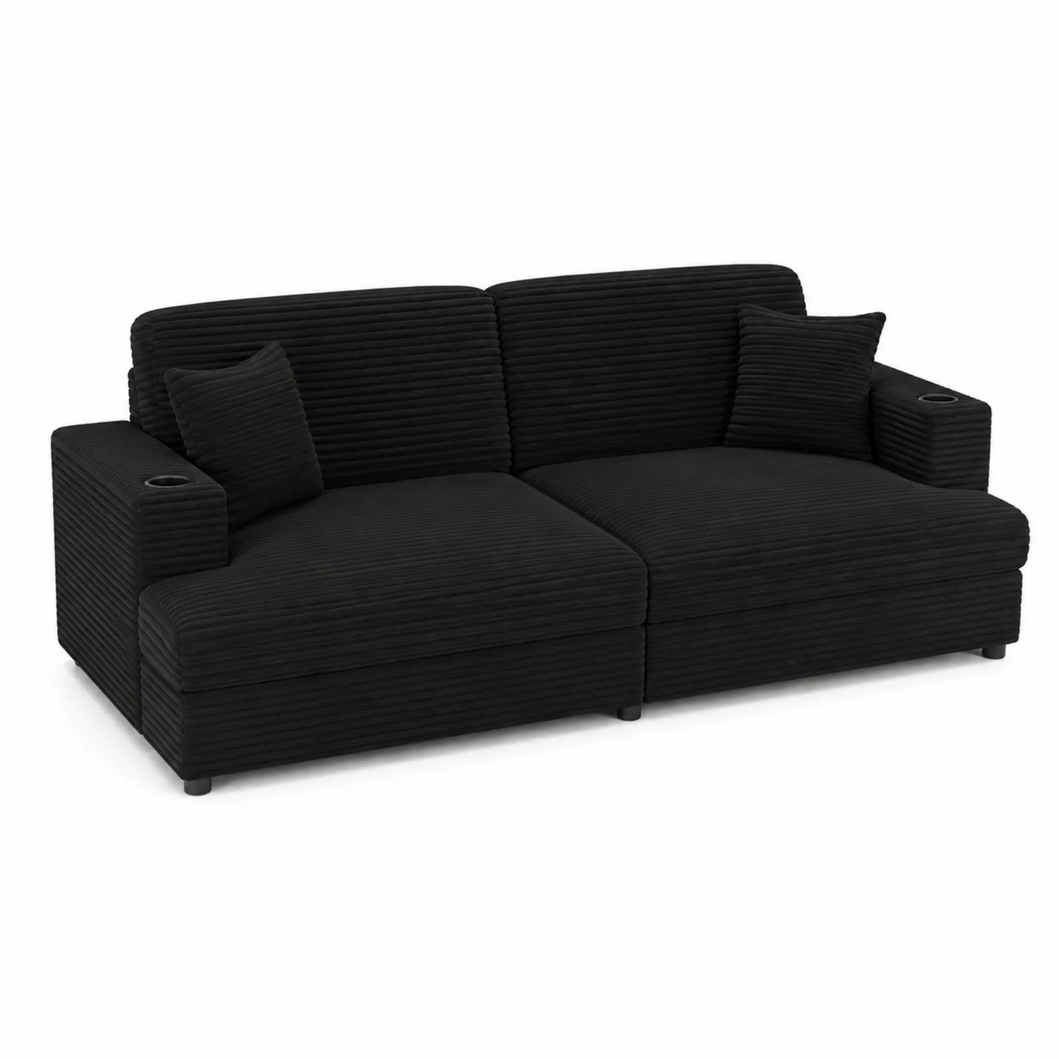 Czarna sofa dwuosobowa z tkaniny welurowej z uchwytami na napoje-Norvitron