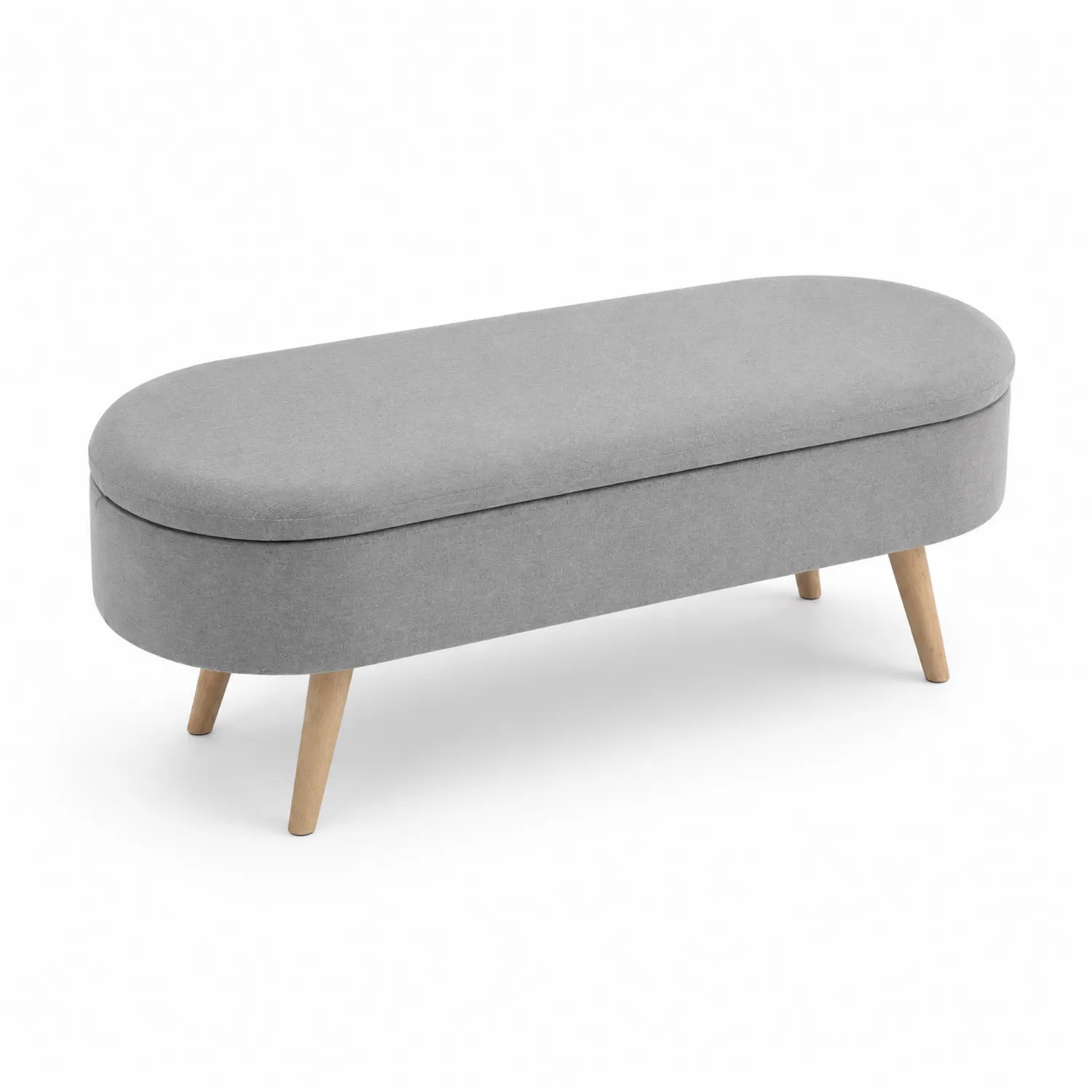 Owalna ławka tapicerowana z jasnoszarego poliestru z nogami z drewna bukowego 120cm-Norvitron