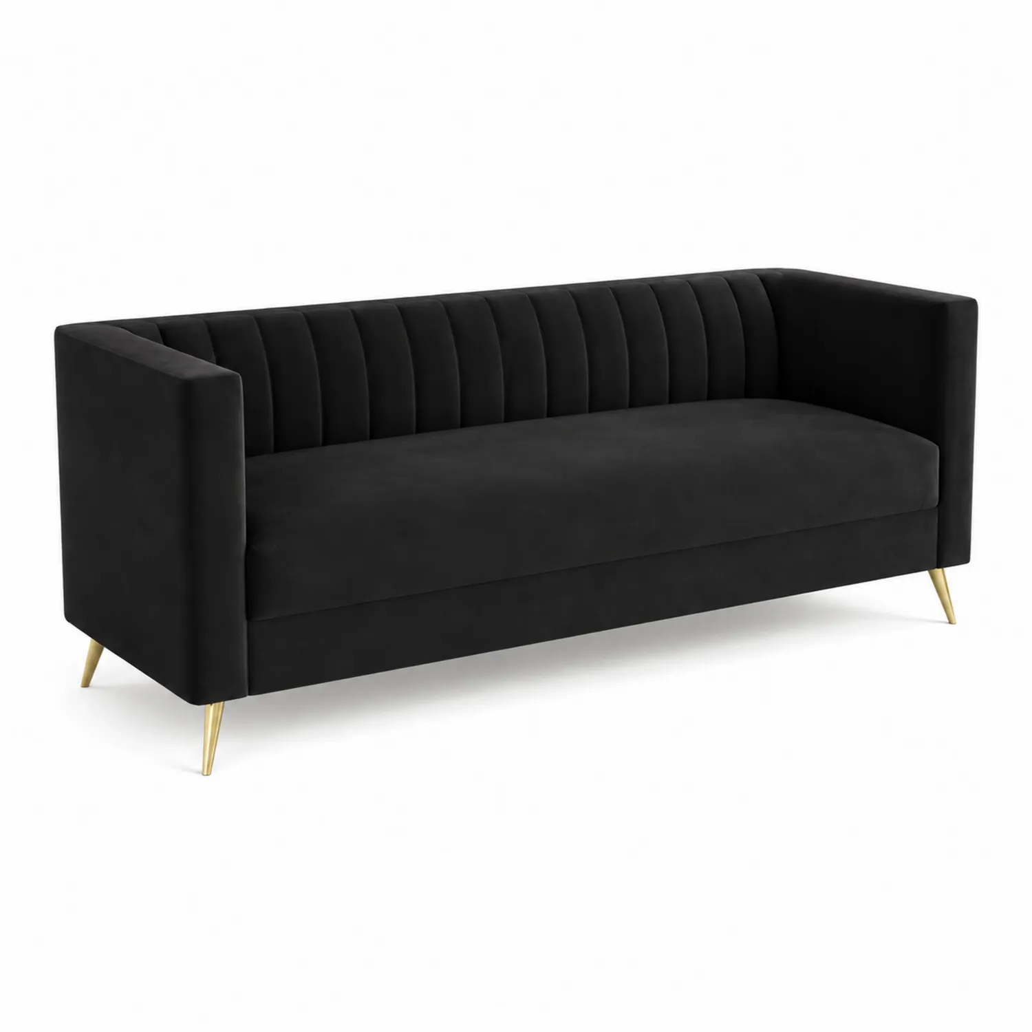 Sofa Aksamitna Trzyosobowa z Metalowymi Nogami, Czarna