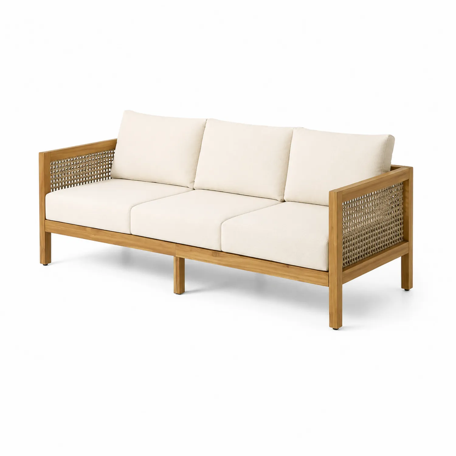 Sofa 3-osobowa z drewna teak z beżowymi poduszkami