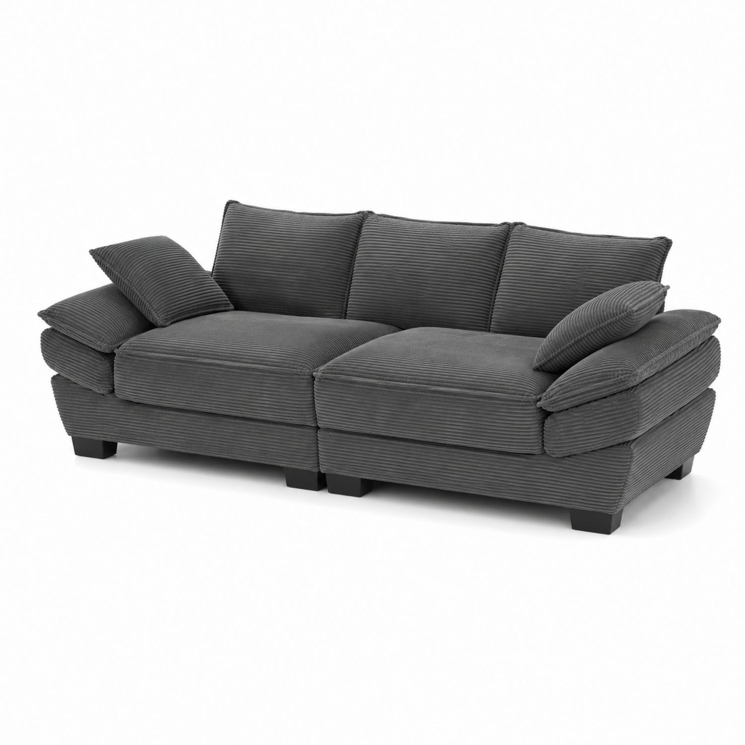 Szara sofa sztruksowa z drewnianymi nogami