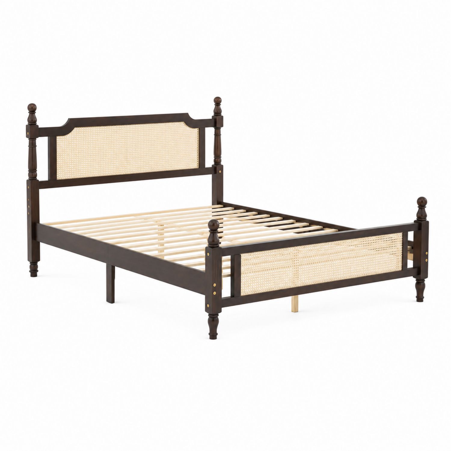 Łóżko drewniane 200x150 cm z rattanem w ciemnym drewnie