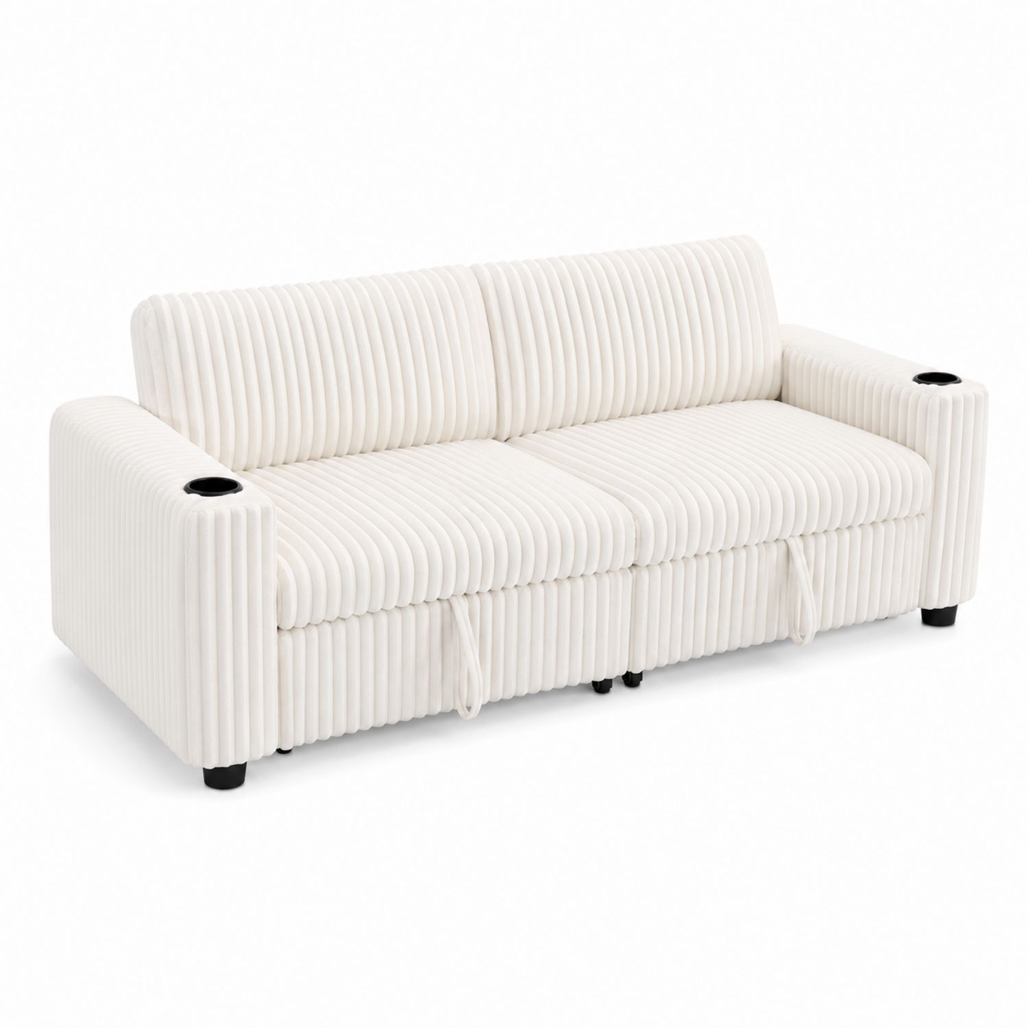 Sofa 3-osobowa z tkaniny aksamitnej z uchwytami na kubki Kremowa