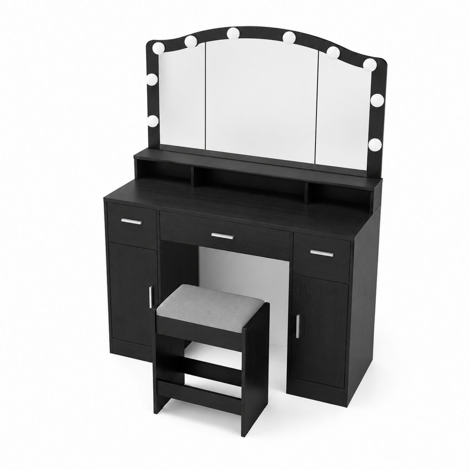 Toaletka z lustrem i taboretem, czarna, MDF