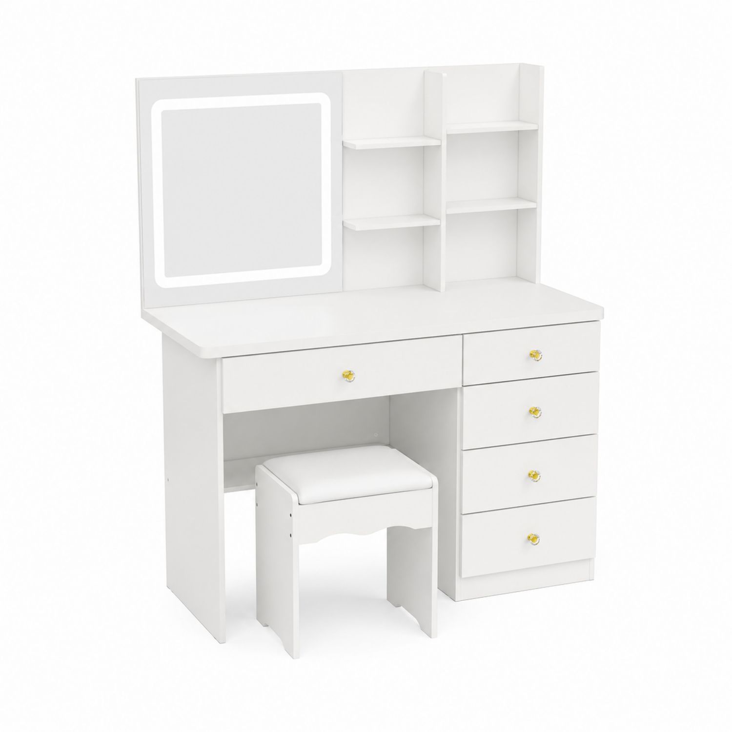 Toaletka z lustrem LED, 5 szuflad, MDF, Biały