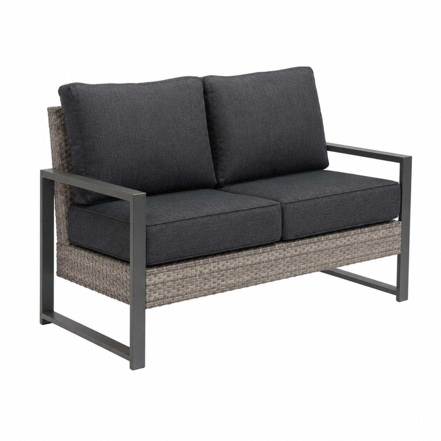 Dwuosobowa sofa z technorattanu z aluminiową ramą i antracytowymi poduszkami