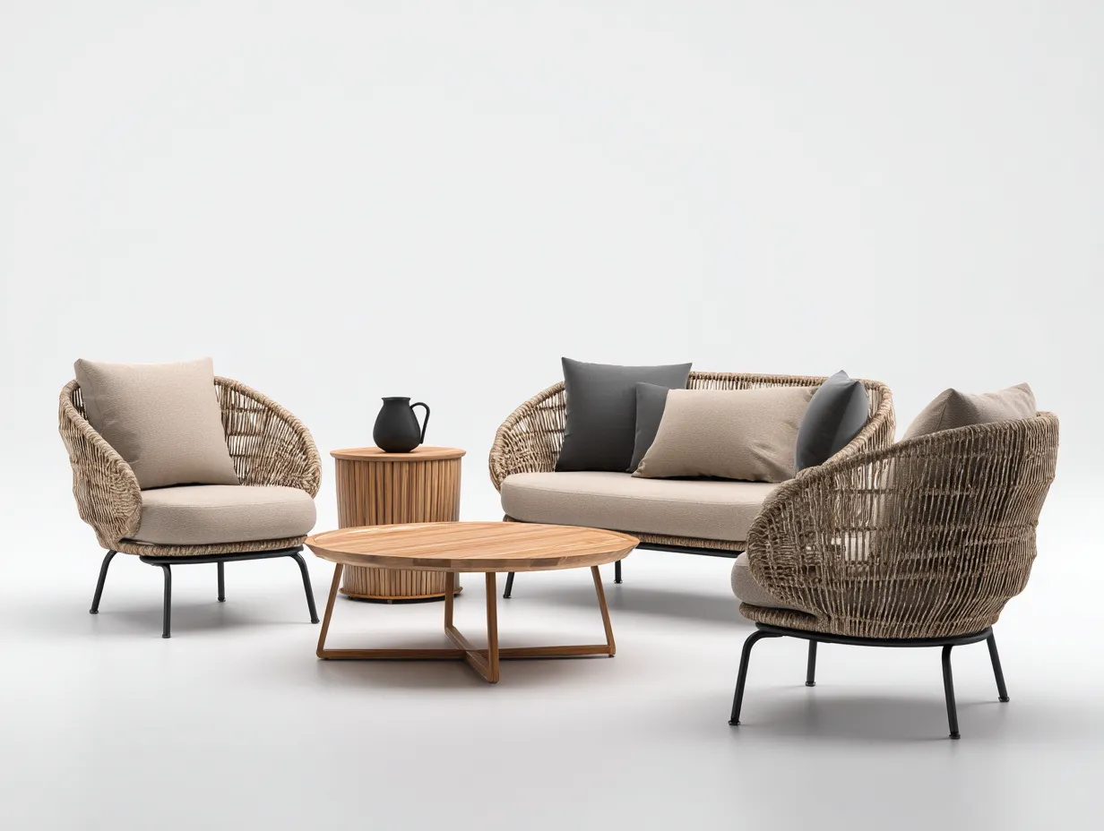 Sofás de exterior ratán 135x72x80 cm marrón-gris para jardín - conjunto moderno con sofá de 2 plazas 2 sillones y 2 mesas-Javexiroom