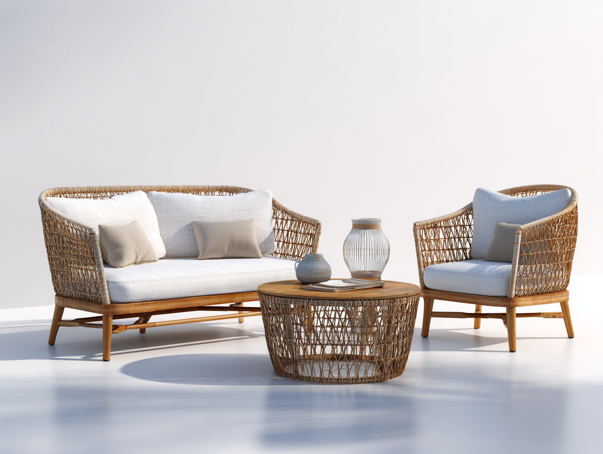 Sofás de exterior de ratán sintético y madera con mesa de centro 135x75x78 cm - beige-marrón - diseño moderno para jardín y terraza-Javexiroom