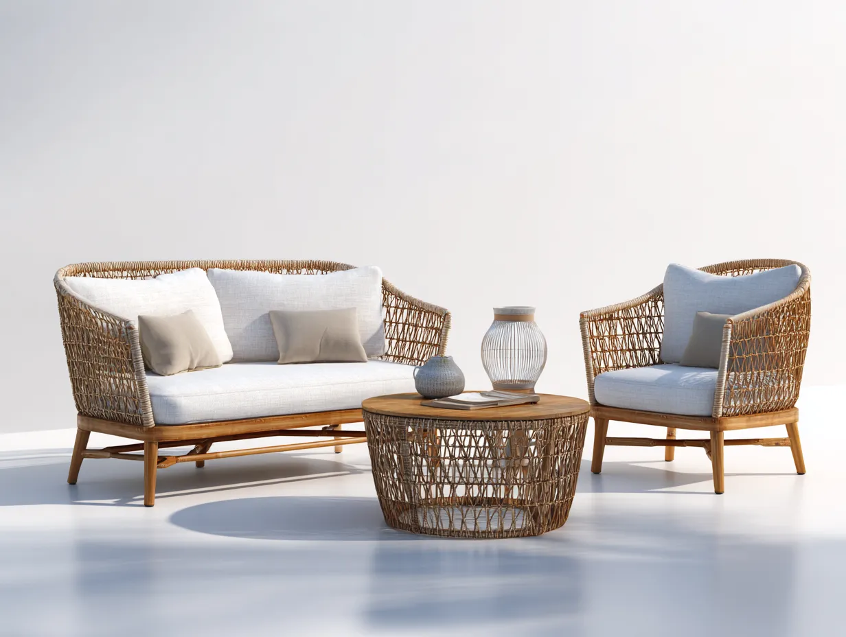 Sofás de exterior de ratán sintético y madera con mesa de centro 135x75x78 cm - beige-marrón - diseño moderno para jardín y terraza-Javexiroom