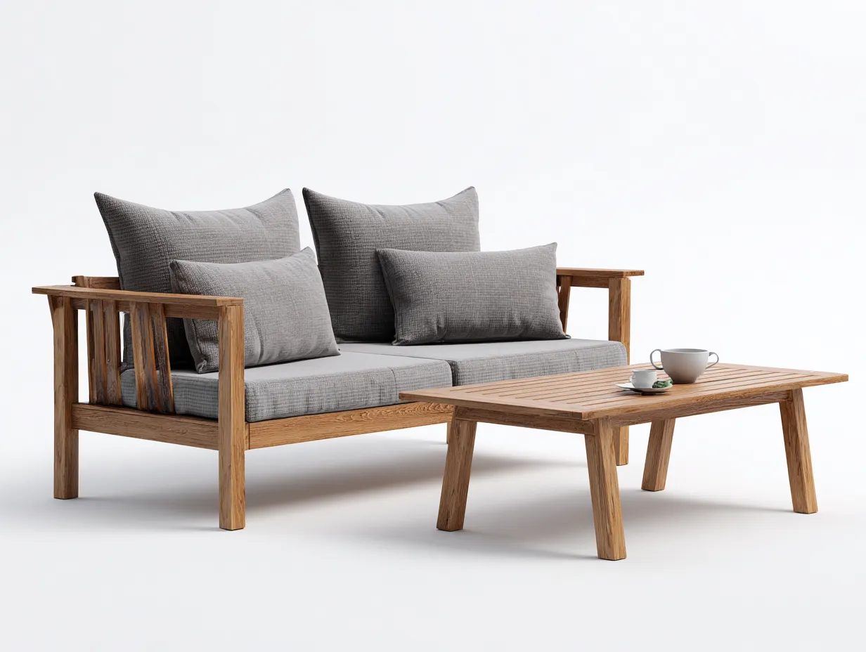 Sofás de exterior de madera maciza con mesa de centro 138x78x82 cm - gris-marrón - diseño moderno para jardín y terraza-Javexiroom