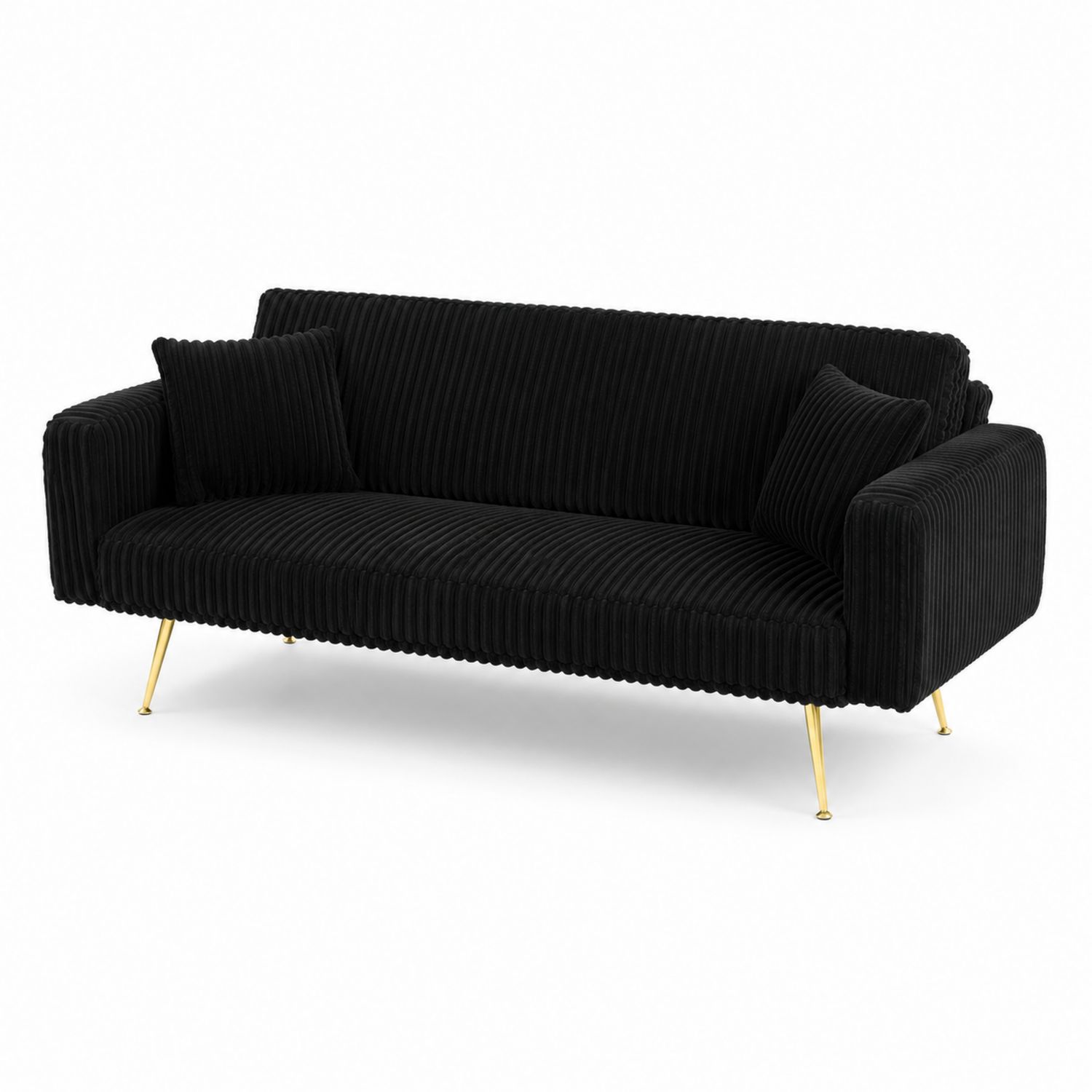 Sofa 3-osobowa z tkaniny sztruksowej czarna ze złotymi nogami