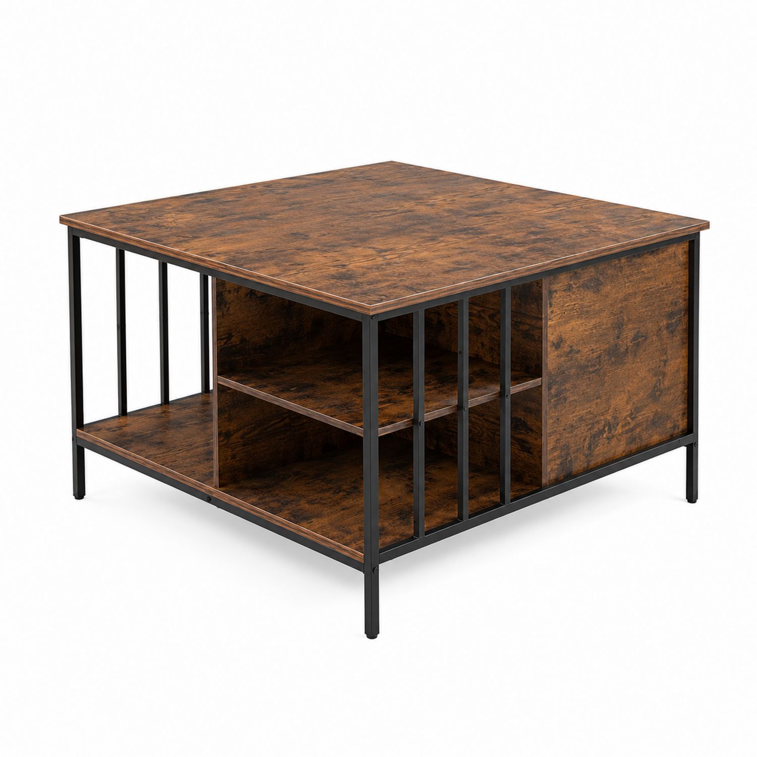 Kwadratowy stolik kawowy z półkami z metalu i płyty laminowanej, 80 cm x 50 cm x 80 cm