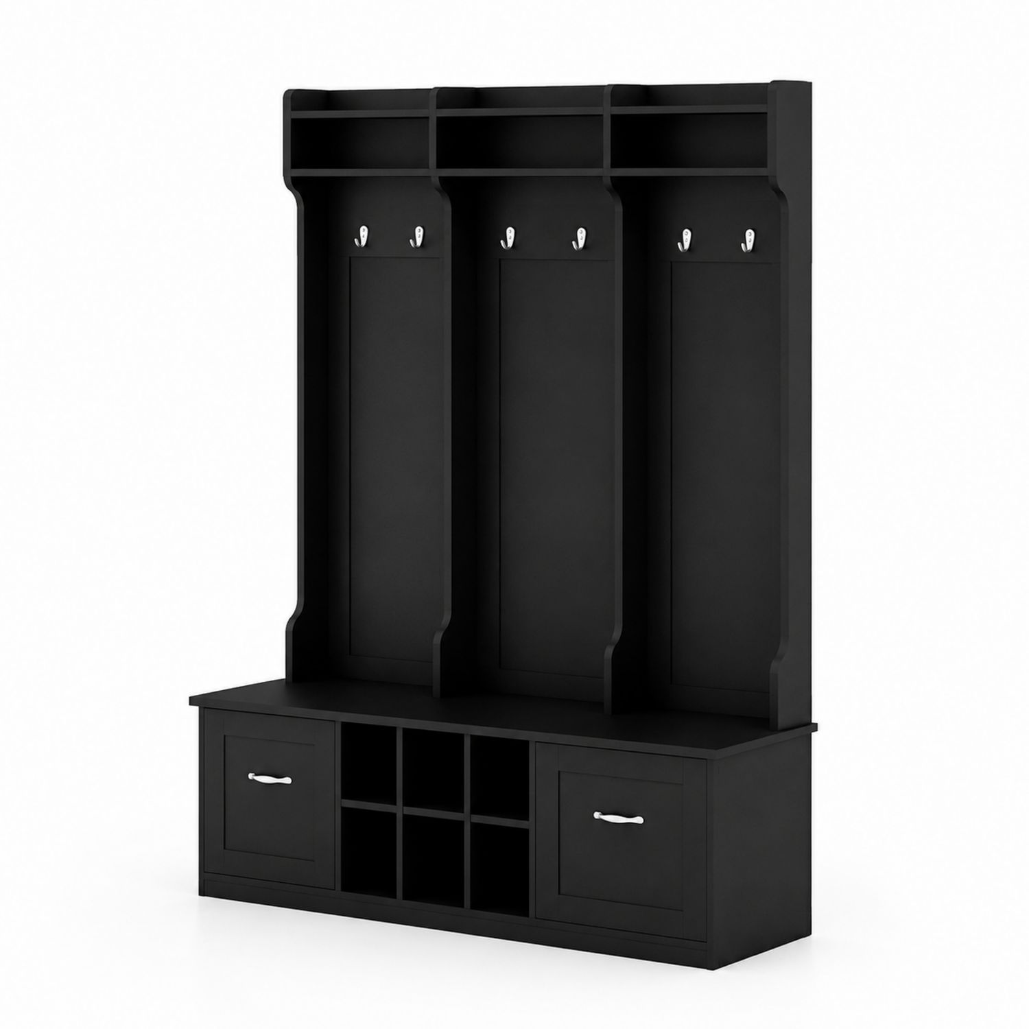 Czarny wieszak z półkami i szufladami MDF i metal