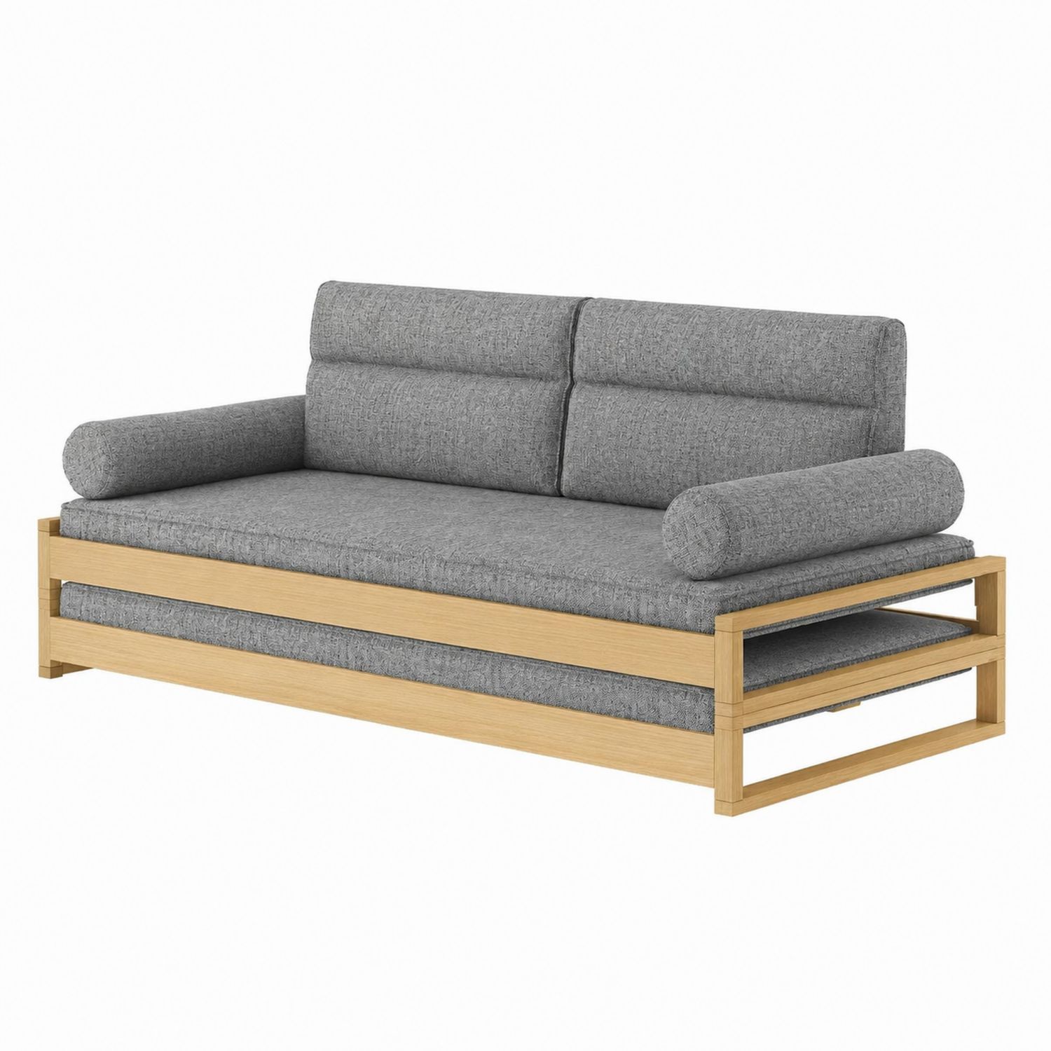 Sofa rozkładana z drewna i szarej tkaniny tapicerskiej