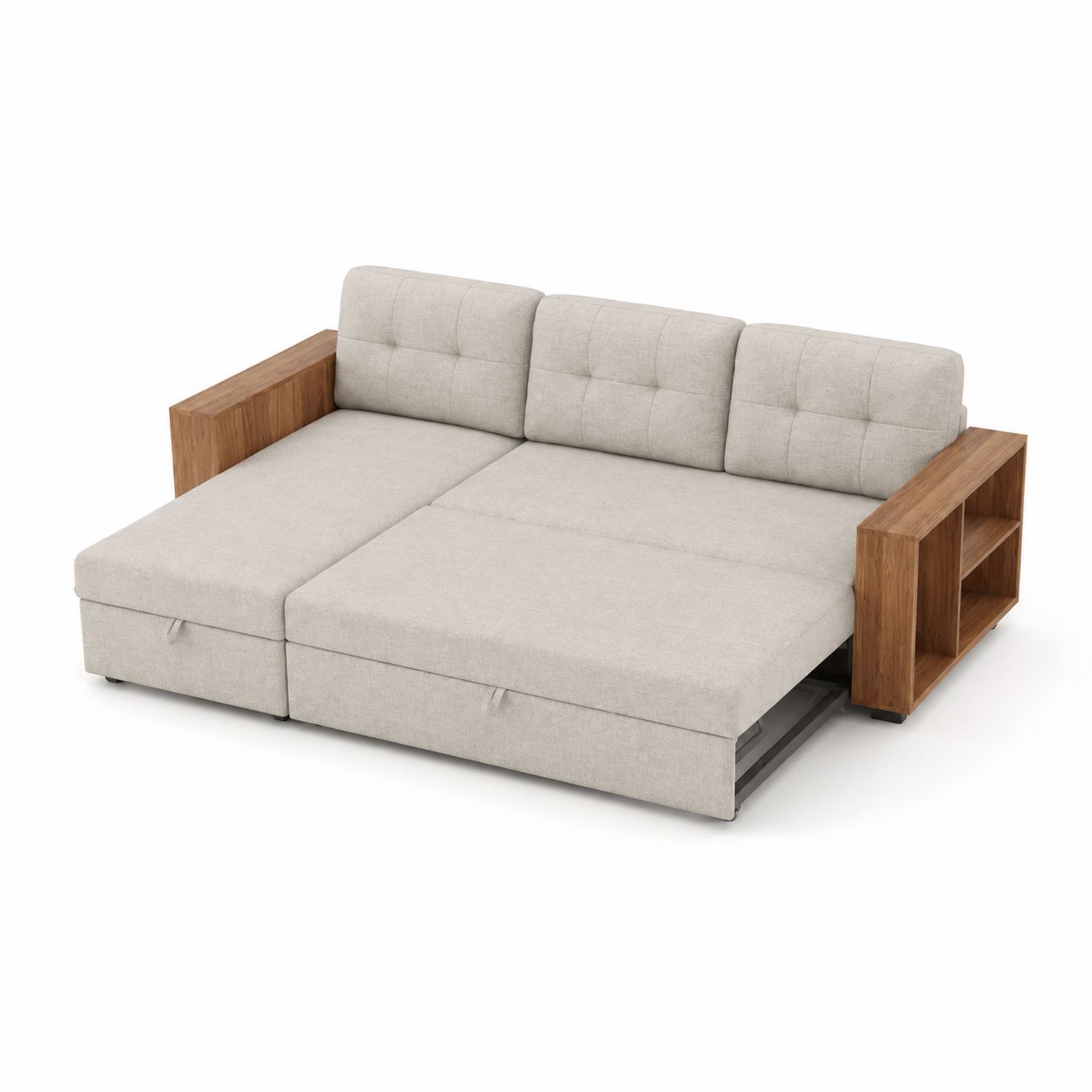 Rozkładana sofa narożna tkanina lniana jasnoszara z półkami bocznymi