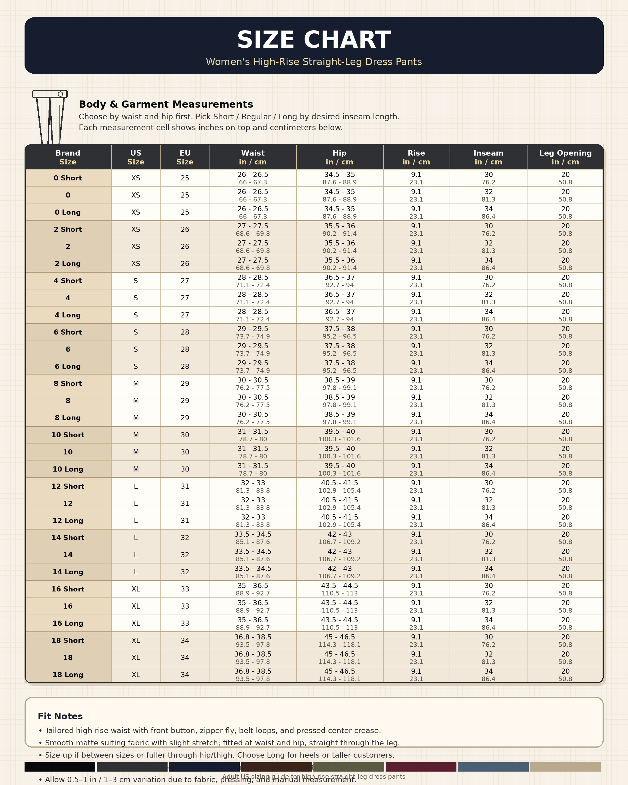 Size chart for women's high-rise straight-leg dress pants