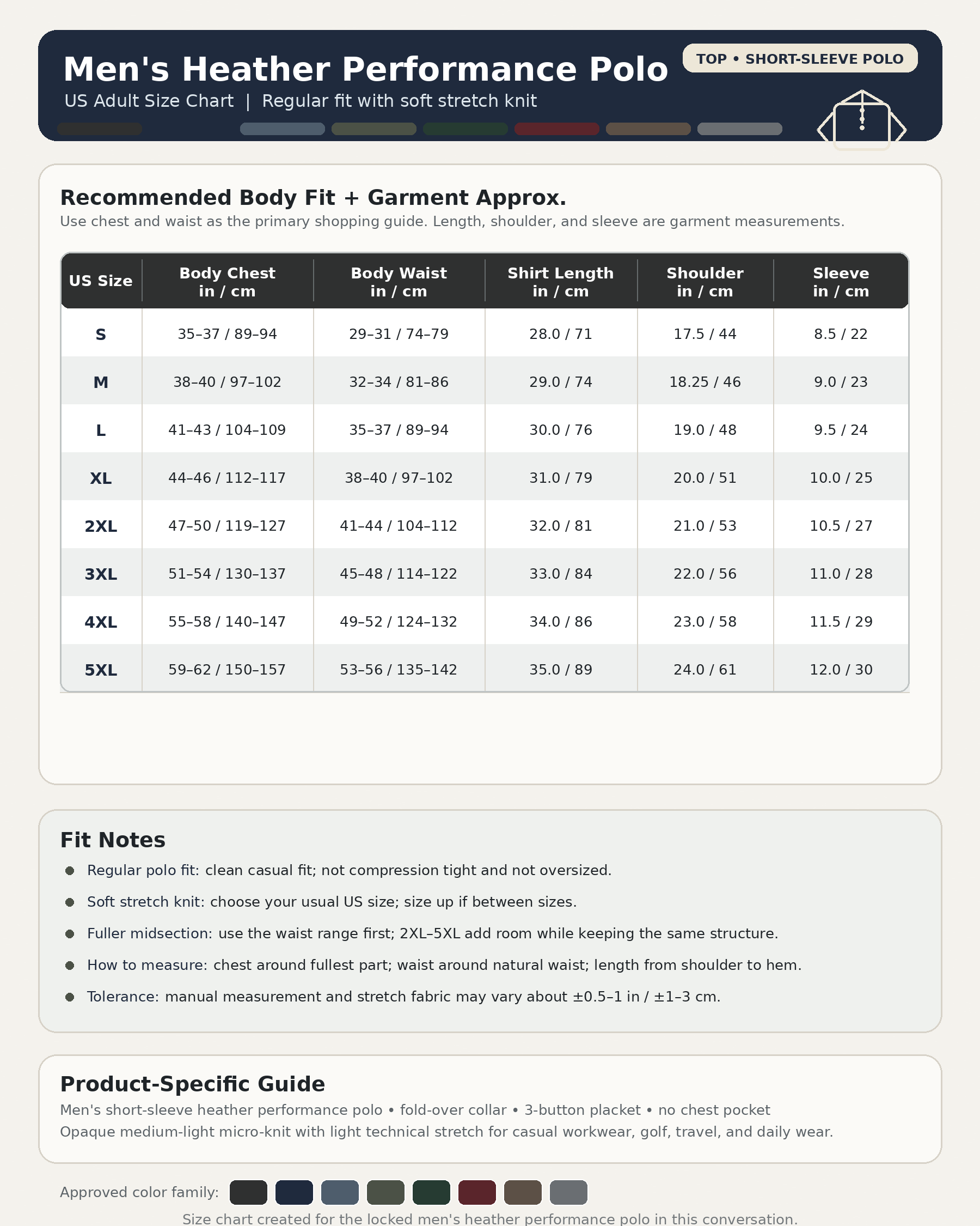 Men's heather performance polo size chart
