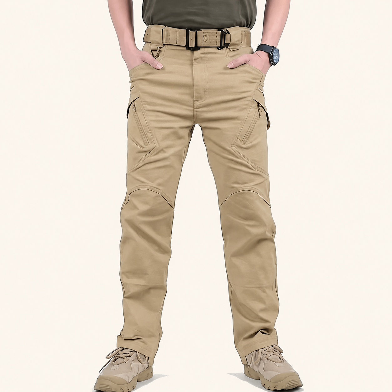 Men's tactical cargo pants hem and fabric detail