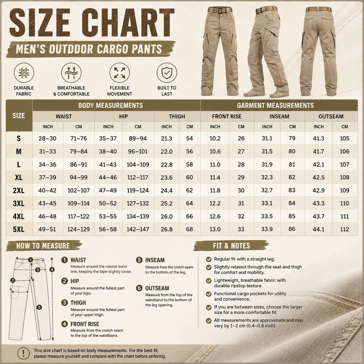 Men's tactical cargo pants size chart