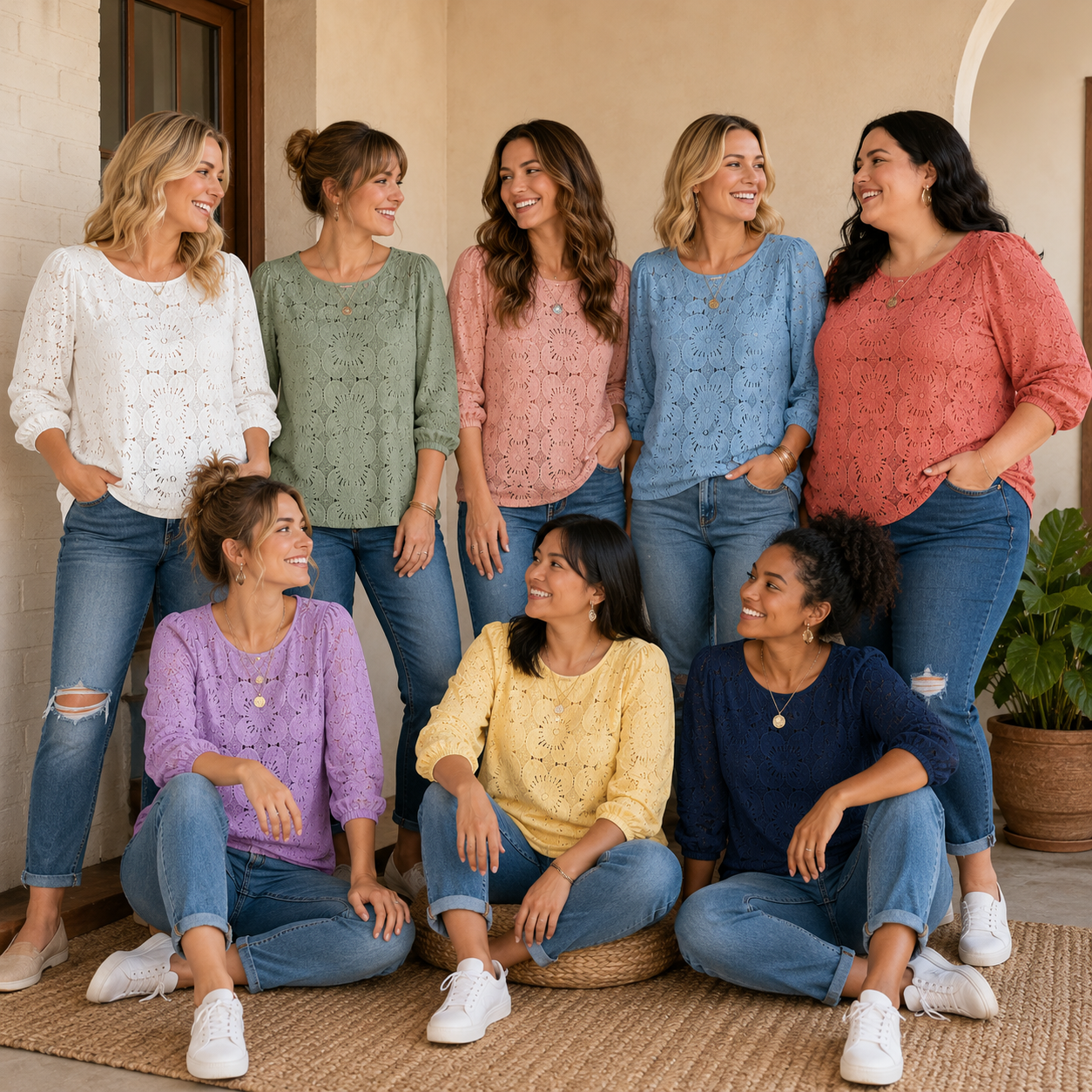 Group photo showing the lace eyelet blouse in all colorways