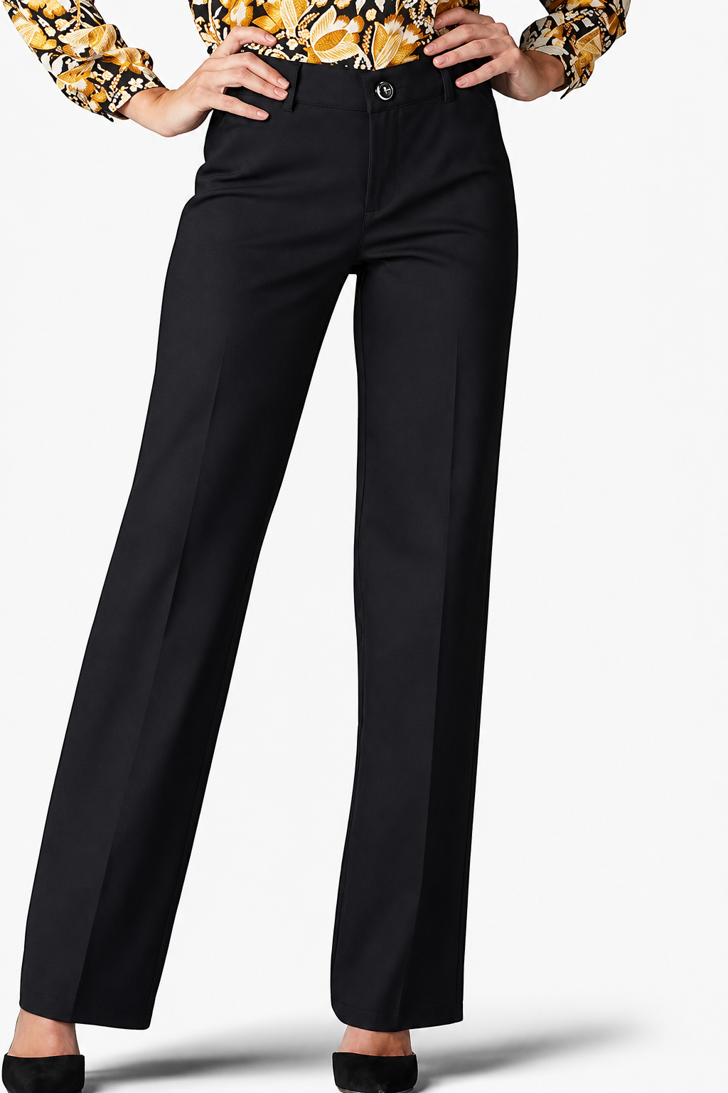 Side detail of straight-leg dress pants