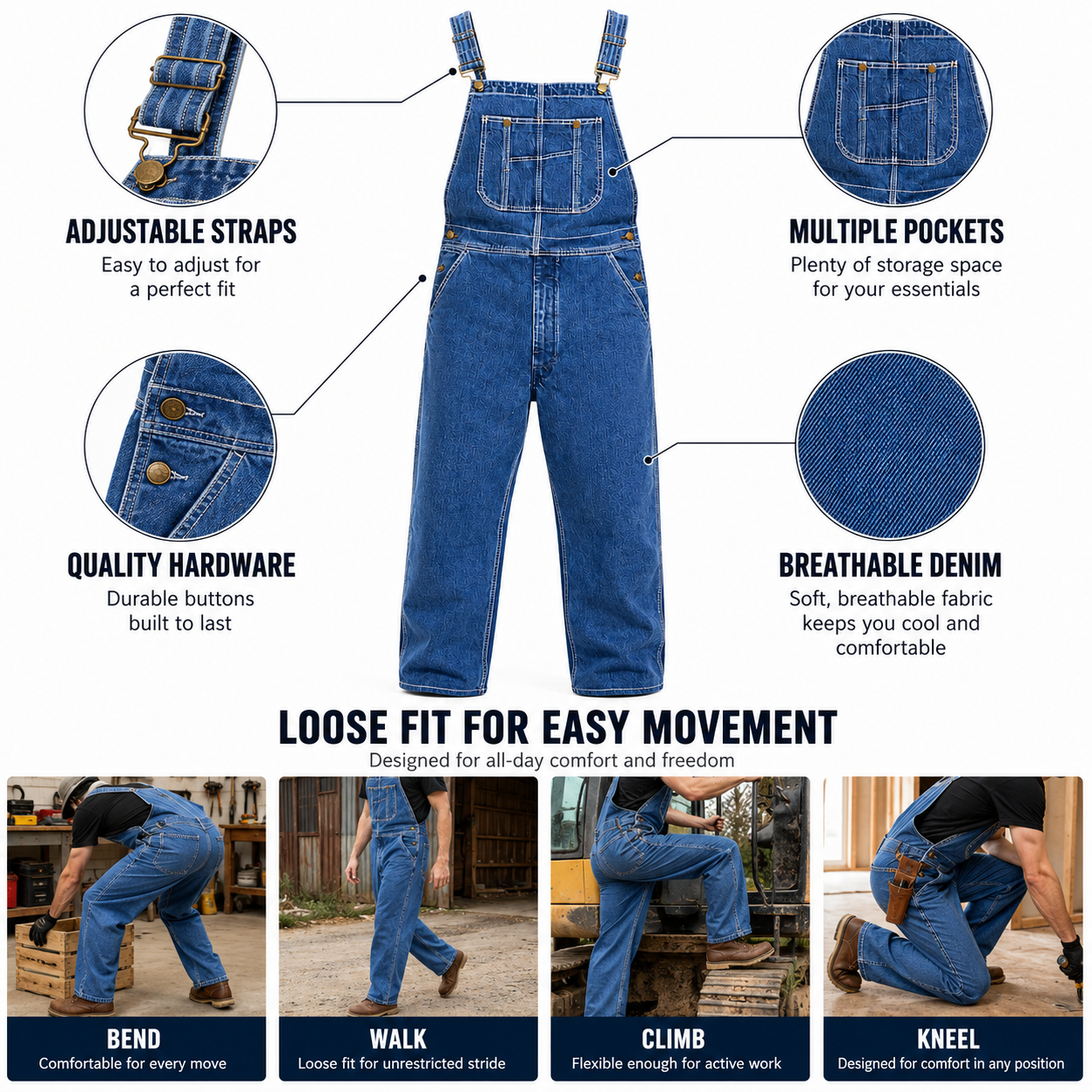 🔥Men's Denim Bib Overalls, Workwear with Adjustable Straps and Convenient Tool Pockets
