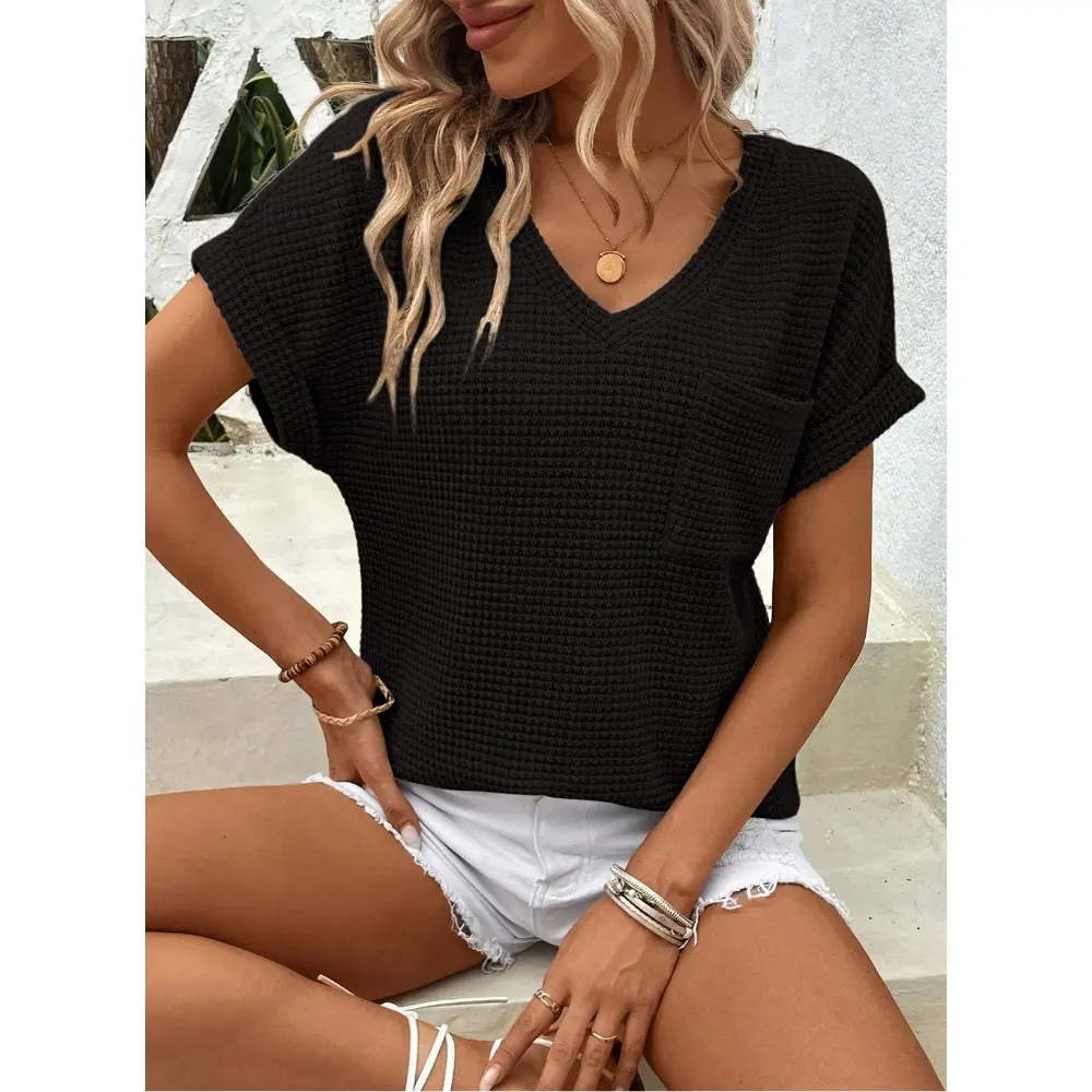 Women's Waffle Knit V-Neck Casual Summer Tops - Lightweight & Breathable Basic Tee for Beach, Party, Work