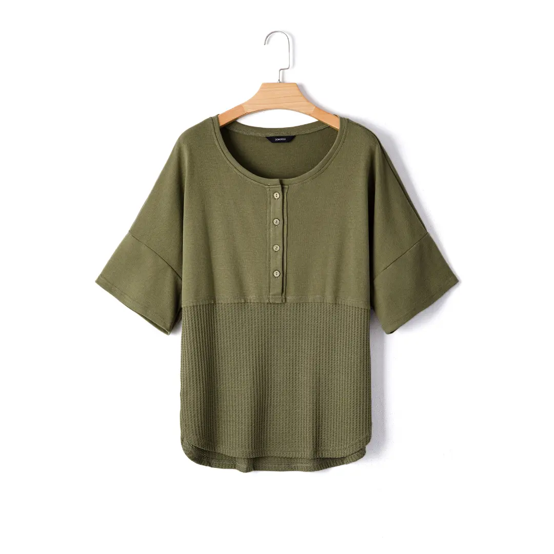 Womens Waffle Knit Tops 3/4 Sleeve Casual Button Down Shirts Crew Neck Oversized Patchwork Blouses