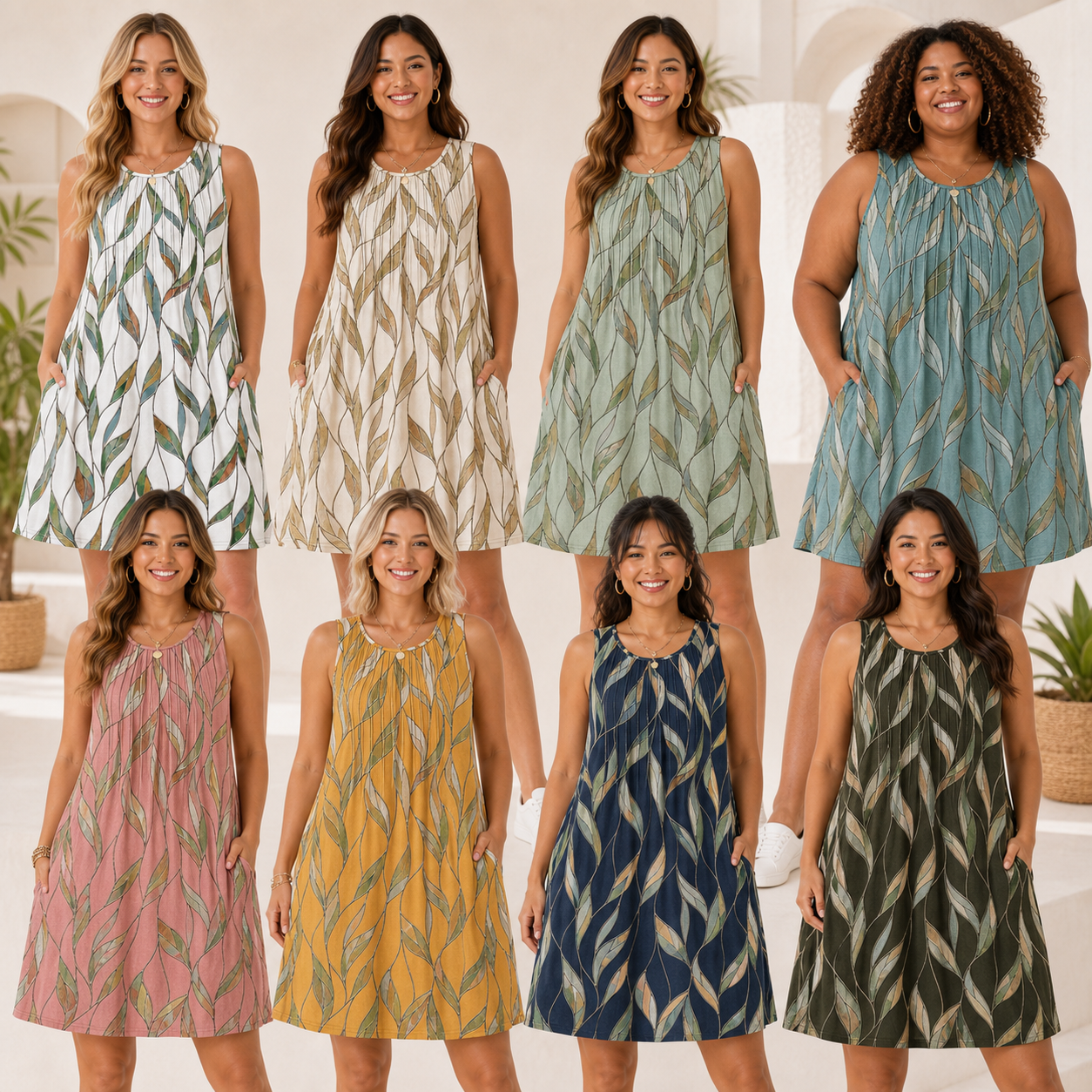 8-woman group image showing the preserved print pocket dress on different body types