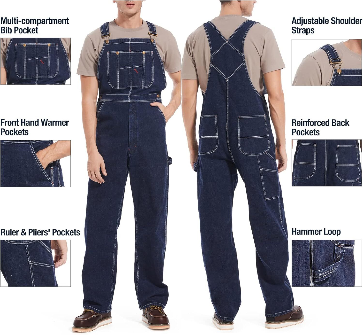 🔥Men's Denim Bib Overalls, Workwear with Adjustable Straps and Convenient Tool Pockets