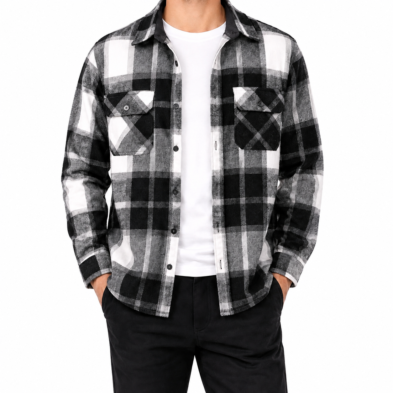 Black, white and gray plaid flannel shirt front view