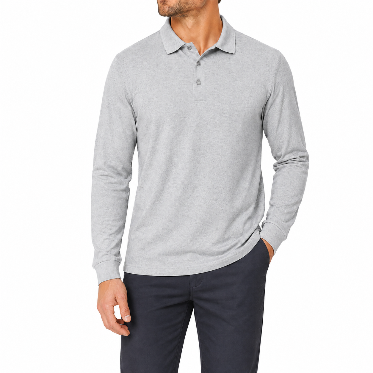 Light gray textured long sleeve polo shirt front view