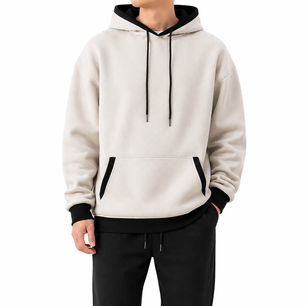 Warm Ivory pullover hoodie with black contrast trim, front view