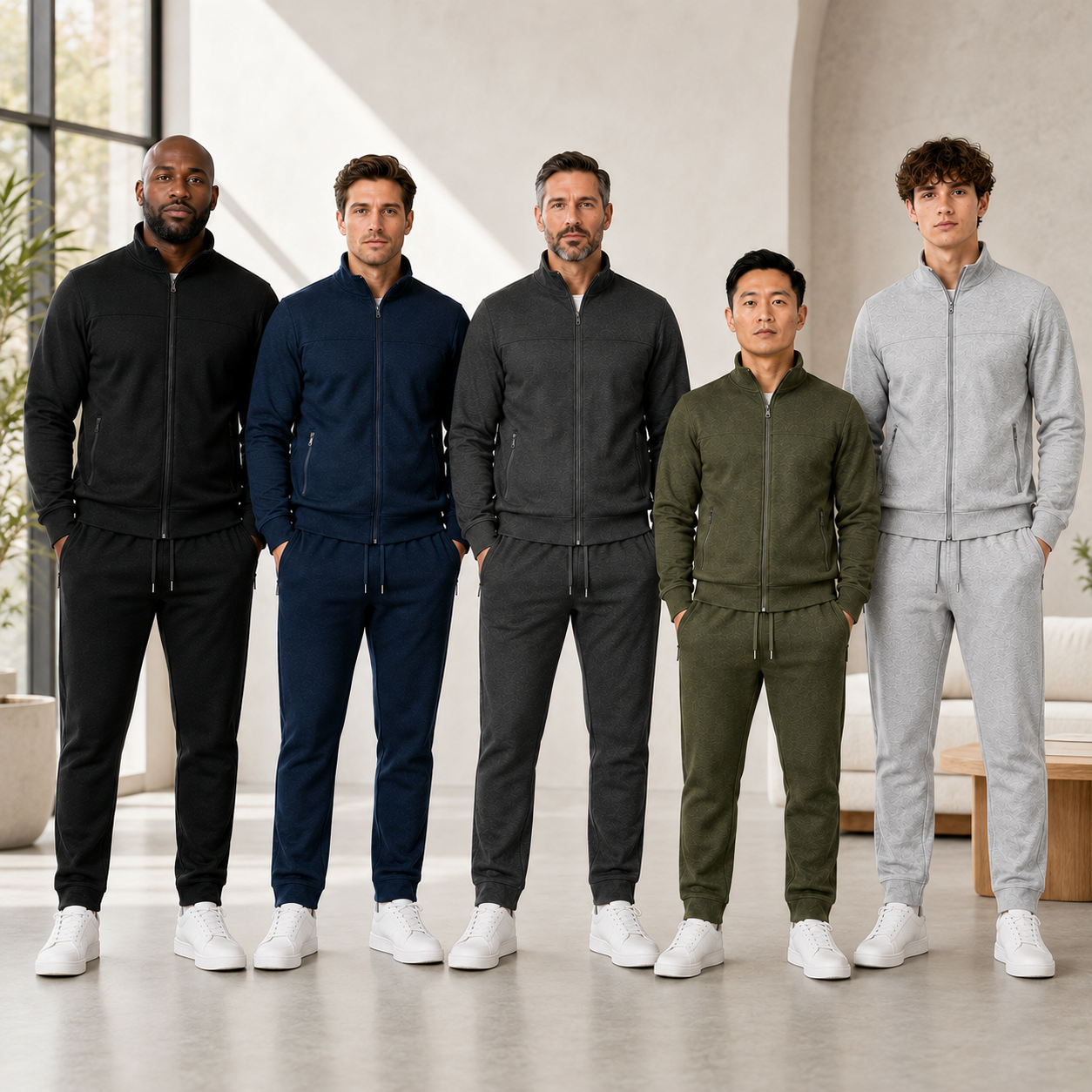 Five adult men wearing the tracksuit in five colors